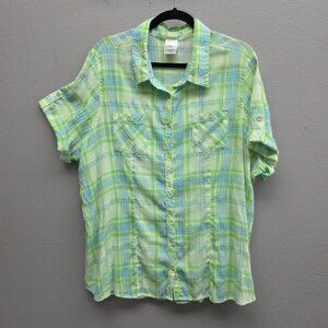 JMS Just My Size Shirt Womens 3X Green Blue Plaid Button Front Roll Tab Pockets